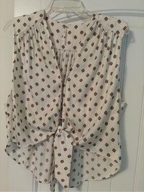 Free People White Tank Top with Brown Diamond Print and Tie Front